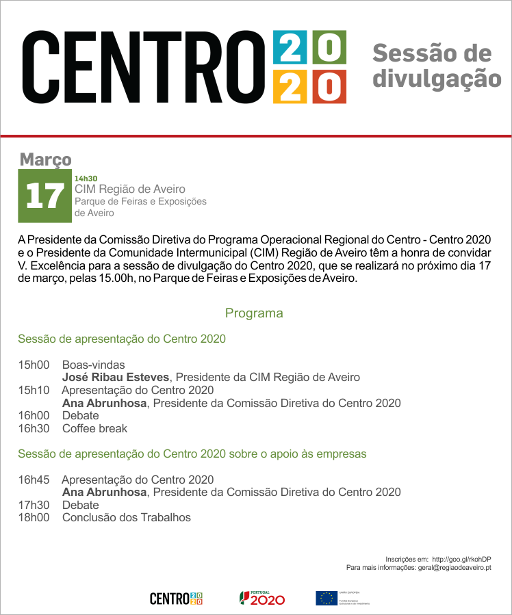 Sessão de divulgação Centro 2020, 17 de março, CIM Região de Aveiro