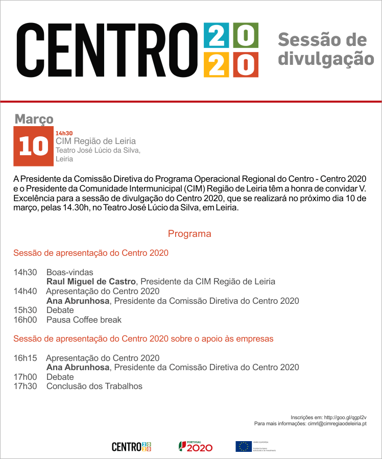 Sessão de divulgação Centro 2020, 10 de março, CIM Região de Leiria