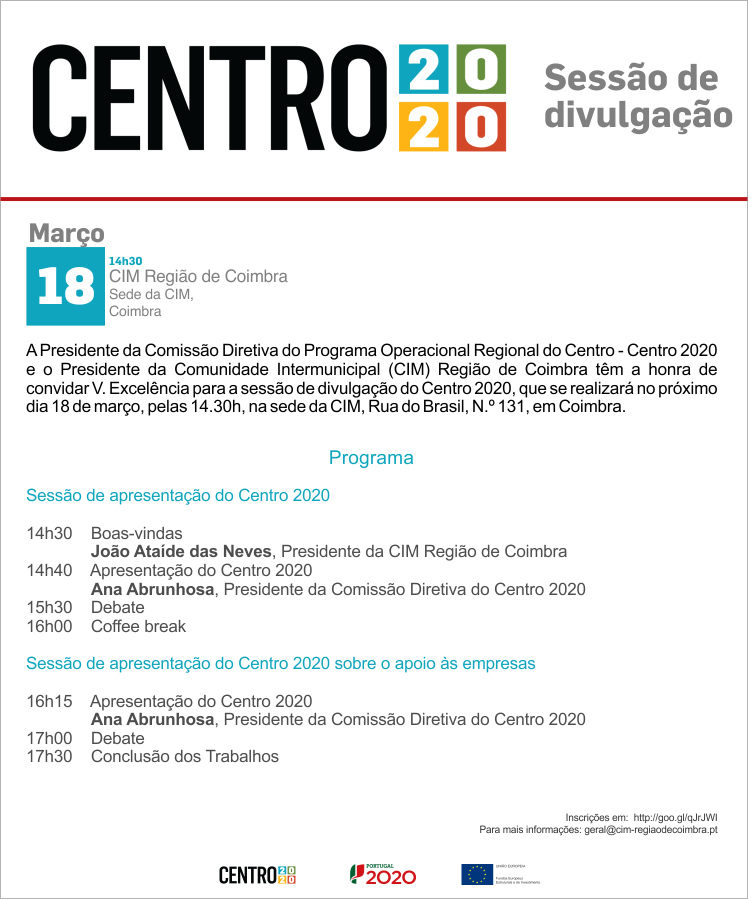 Sessão de divulgação Centro 2020, 18 de março, CIM Região de Coimbra